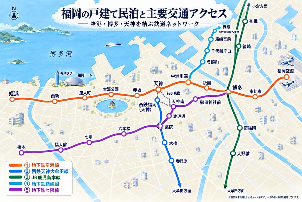 福岡の戸建て民泊と主要交通アクセス（地下鉄空港線・西鉄天神大牟田線・JR鹿児島本線で結ぶ福岡空港・博多・天神のイメージ図）