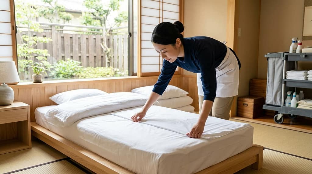 ベッドメイキングしている女性